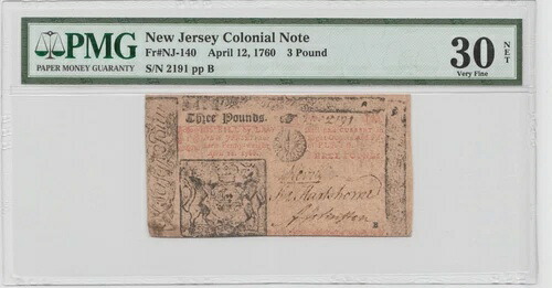 1760年4月12日 ニュージャージー州コロニアル3ポンド、FR# NJ-140 - グレーディング済みネット30、コメント付き