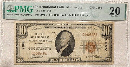 1929年 $10ナショナルバンク オブ インターナショナル フォールズ ミネソタ PMG 20 極細 #7380-