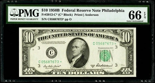 $10 1950B 連邦準備銀行 * スターノート フィラデルフィア Fr#2012-C * PMG 66 EPQ gem UNC-