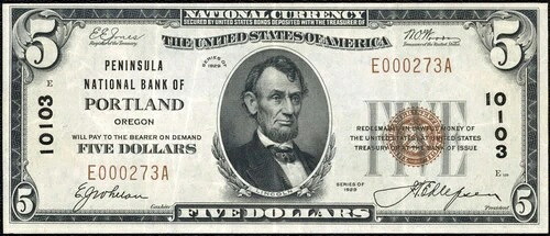 オレゴン州ポートランド、ペニンシュラ国立銀行 1929 年 5 ドル紙幣 チャーター番号 10103