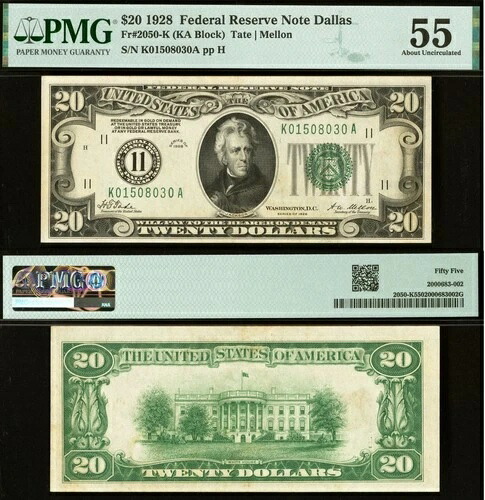 1928年 20ドル連邦準備銀行券 PMG 55 - 金で償還可能 - ダラス - Fr 2050-K 96,195円