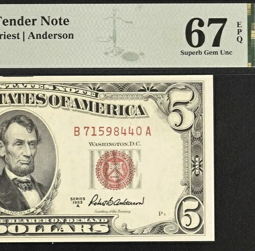 1953年A $5法定通貨 PMG 67epq-米国紙幣-第2最高グレード-Fr 1533-