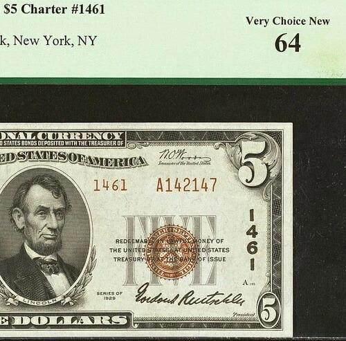 1929年 $5 ニューヨーク・ナショナル・シティ銀行 Ty.2 Ch# 1461 PCGS 64 Very Ch New BXE