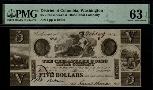 1840 $5 チェサピーク & オハイオ運河会社、ワシントン D.C. LOW シリアル番号 4 廃止!