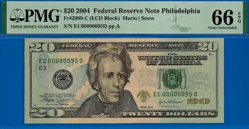 2004年 $20 連邦準備銀行紙幣 pmg 66epq ファンシーバースデージェム ローシリアル番号 95-