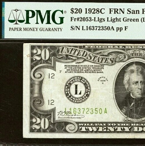 1928C $20 FRN サンフランシスコ ライトグリーンシール - PMG 25 - 金貨で換金可能