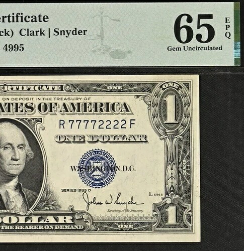 1935D 1ドル銀貨証明書 PMG 65EPQ ダブルクワッドファンシー シリアルナンバー 77772222