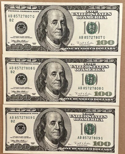1996年米国100ドル紙幣 3枚セット $100 未流通 ABシリーズ