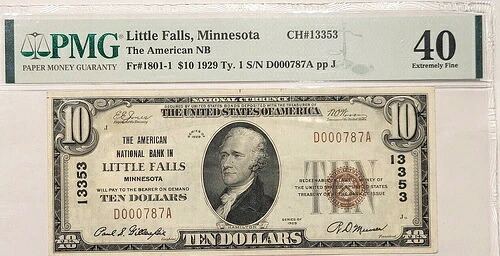 1929年 ミネソタ州リトルフォールズ 10ドル紙幣 PMG 極めて良好な状態 40枚セット 13353