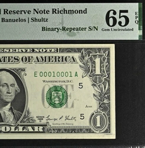 1969年D $1 FRN PMG 65EPQ ファンシーバイナリリピーター シリーズ番号 00010001-