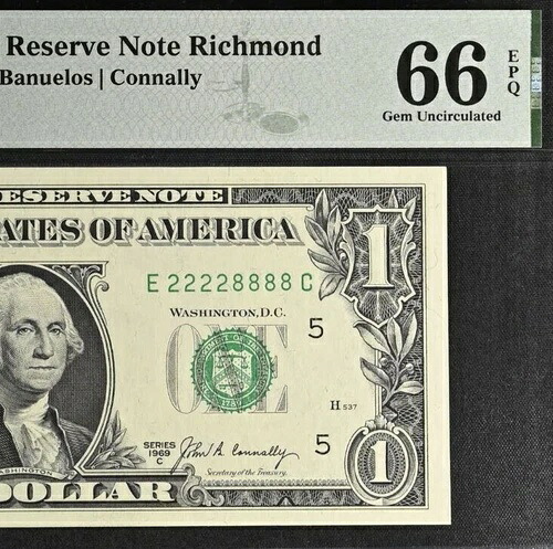 1969年C $1 連邦準備銀行紙幣-PMG 66EPQ- ダブルクワッドシリアル番号 2228888-