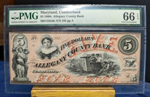1860年 レッド $5 アレガニー郡銀行 カンバーランド MD PMG UNC 66 EPQ-gem UNC!-