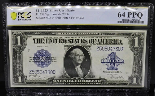 1923年 1ドル銀貨証明書 Fr#238 ウッズ/ホワイト PCGS 64 PPQ