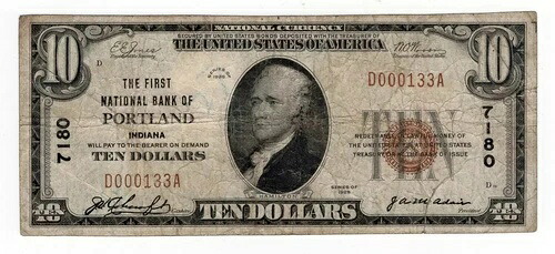1929 $10 タイプ I インディアナ州ポートランド第一国立銀行 憲章 7180 *