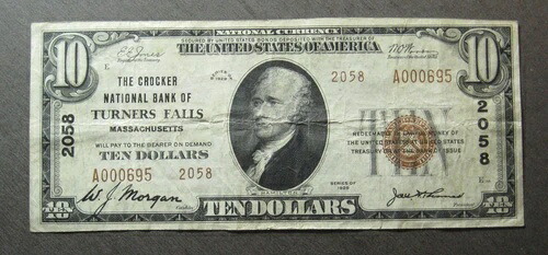 1929年 10ドル紙幣 - マサチューセッツ州ターナーズフォールズ、クロッカー国立銀行 -(P4036)