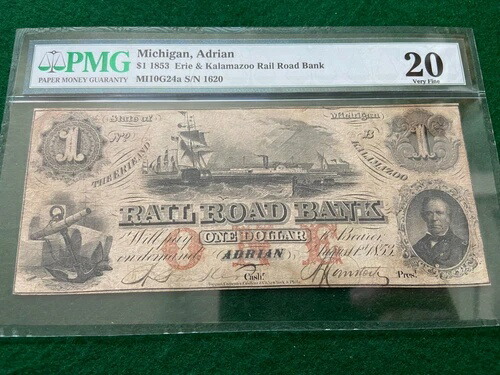 1853年 エリー＆カラマズー鉄道銀行、ミシガン州エイドリアン 1ドル PMGグレード