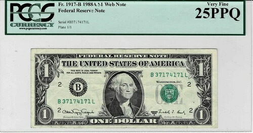 1988A 連邦準備銀行「WEB」紙幣 - fr1917-B (BL ブロック) PCGS Very Fine 25 PPQ - Key note 98,615円
