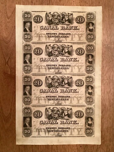 1840年代頃の20ドル紙幣、ルイジアナ州ニューオーリンズの運河銀行 - 未裁断シート、未流通 98,615円