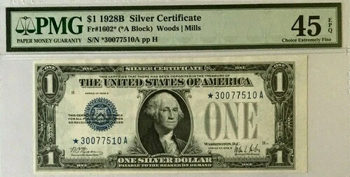 1928B $1 PMG45 EPQ CHOICE 未流通銀券（CBブロック）3837