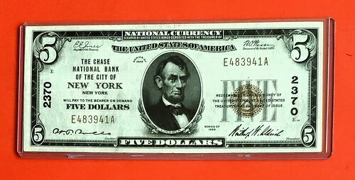 {米国/1929年/$5.00 ニューヨーク市チェース・ナショナル銀行/Fr. 1800-1/VF/SN#E483941A}