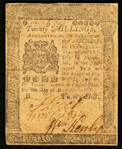 ペンシルベニア植民地通貨 1775年12月8日 20シリング - 希少紙幣