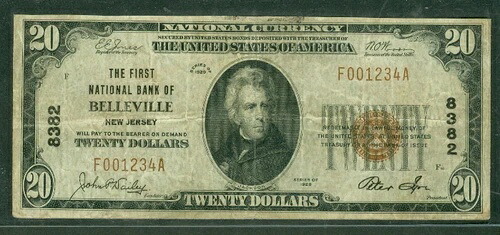 $20.00 ナショナル銀行券 ファーストNBベルビルニュージャージー 1929年Fr #1802-1、ファイン+-