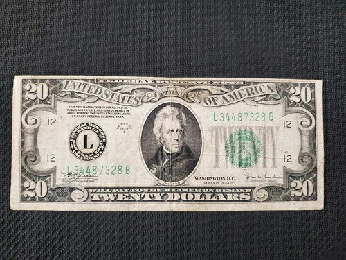 1934年 - $20ドル紙幣ミスカットグリーンシール -