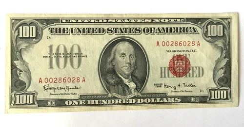 幸運な 1966 年 100 ドルの赤いシールの米国紙幣。シリアル番号の数秘術で 2 つの 8 を足すと 8 になります。