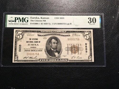 5.00 国立券銀行 Eureka Kansas 1929 PMG 30 非常に良い わずか 23 小紙幣-
