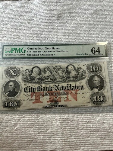 1850年代～60年代 ニューヘイブン市銀行発行の10ドル硬貨、Aランク、AU58 PMG 27337