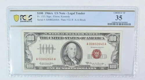 1966 年 $100 法定通貨 Fr#1551 選択 VF 35 PCGS *5959-