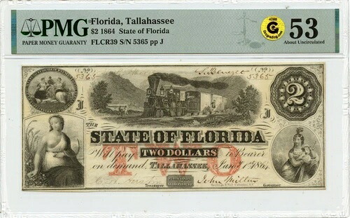 1864年 $2 フロリダ、タラハシー PMG AU53 OBSFLCR39 GCC ゴールド-