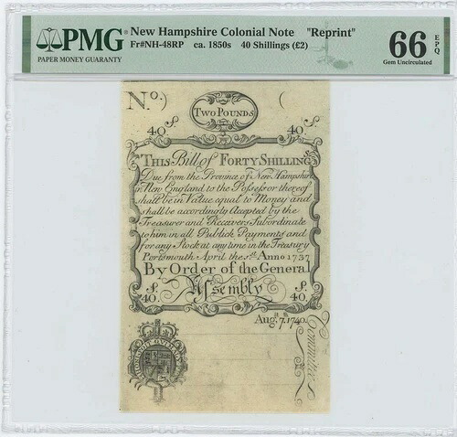 1737/40年4月1日、40年代ニューハンプシャー植民地FR#NH-48RP PMG GEM 66 EPQコーエン