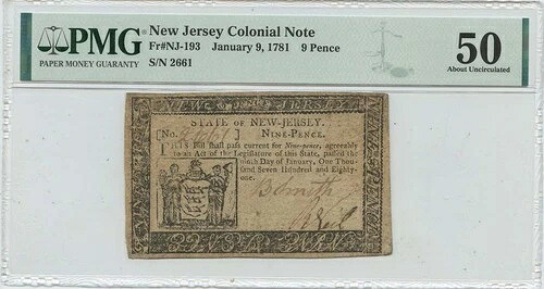 1781年1月9日 9ペンス ニュージャージー植民地紙幣 FR#NJ-193 PMG AU50