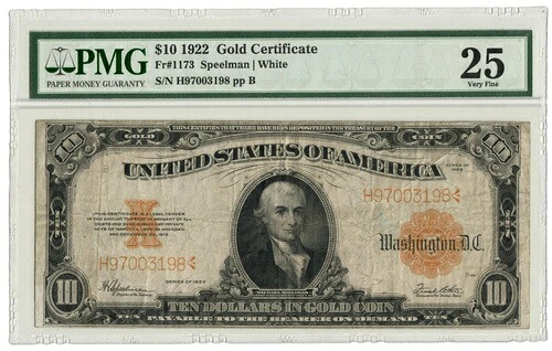 $10 ゴールド証明書、シリーズ 1922 年、Fr. #1173、PMGベリーファイン25 -