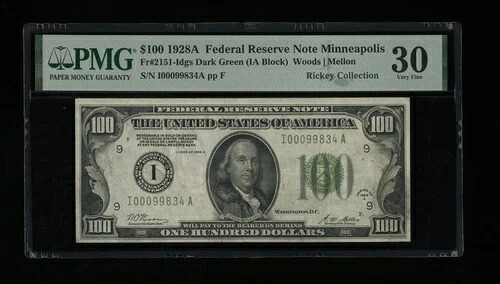 DBR 1928-A $100 DGS FRN ミネアポリス Fr. 2151-Idgs PMG 30 シリアル I00099834A