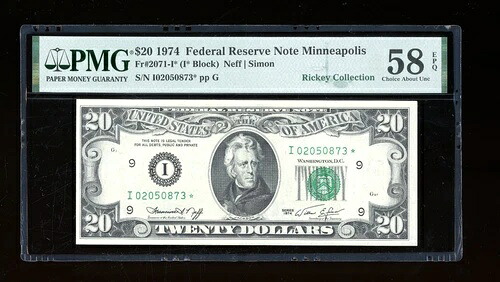 DBR 1974年 $20 FRN スター ミネア ポリス Fr。 2071-I * PMG 58 EPQ シリアル I02050873 *-