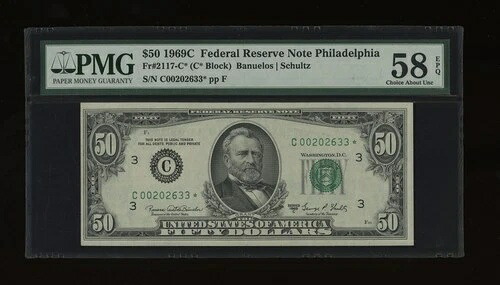 DBR 1969-C $50 FRN フィラデルフィア STAR Fr. 2117-C* PMG 58 EPQ シリアル C00202633*