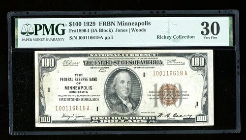DBR 1929 $100 FRBN ミネアポリス Fr. 1890-I PMG 30 シリアル I00116619A