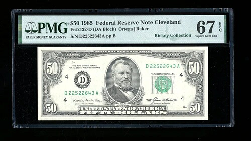 DBR 1985 $50 FRN クリーブランド Fr. 2122-D 極上ジェム PMG 67 EPQ シリアル D22522643A