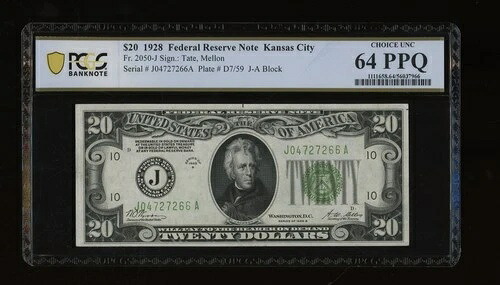 DBR 1928 $20 FRN カンザスシティ数字神父。 2050-J PCGS-B 64 PPQ シリアル J04727266A