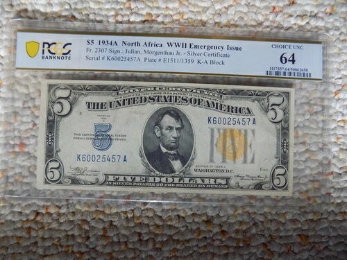 1934年A $5 北アフリカ第二次大戦緊急-PCGS銀行券64-