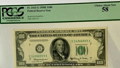 1950E $100 PCGS58 チョイスアバウトニュー、バンクオブシカゴ、連邦準備銀行券、3595