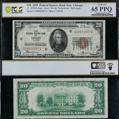 SC 1929 $20 Fr.1870-G シカゴ、イリノイ州 FRBN PCGS 65 PPQ GEM UNC (607A)