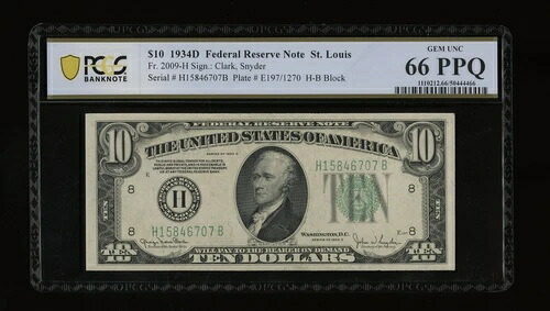 DBR 1934-D $10 セントルイスジェム神父2009-H PCGS-B 66 PPQ シリアル H15846707B