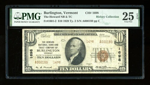DBR 1929 $10 バーリントン VT タイプ2 ナショナル Fr. 1801-2 PMG 25 EPQ シリアル A000189