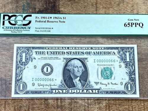 $1 1963A FRN 1901-I* ミネアポリス STAR PCGS 65PPQ - 00000066* ローシリアル 66 STAR