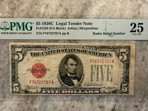レーダーシリアル番号、1928C $5法定通貨 Fr#1528 流通認定 PMG VF25