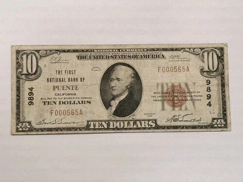 1929年 $10 カリフォルニア州プエンテ最初の銀行国立通貨 CH #9894-