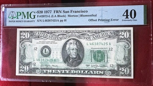 1977年 $20 サンフランシスコ Fr#2072-L オフセット印刷エラー PMG40-